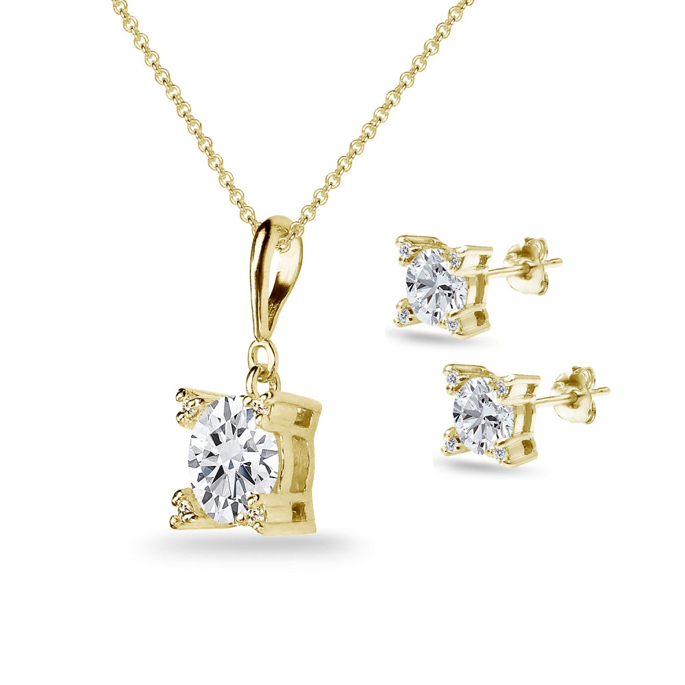 Yellow Gold Flashed Sterling Silver Cubic Zirconia Studded Solitaire Necklace & Stud Earrings Set-2