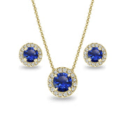 Yellow Gold Flashed Sterling Silver Created Blue Sapphire Round Halo Necklace & Stud Earrings Set with CZ Accents