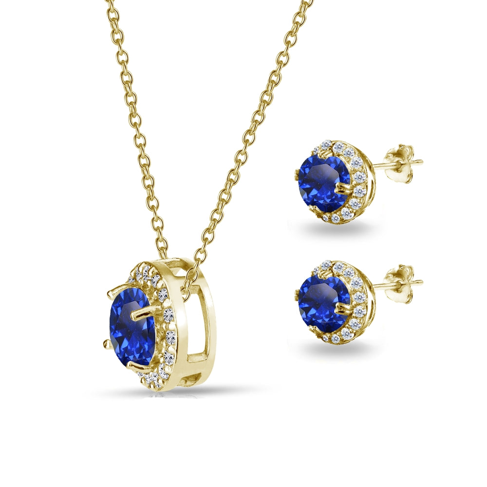 Yellow Gold Flashed Sterling Silver Created Blue Sapphire Round Halo Necklace & Stud Earrings Set with CZ Accents-2