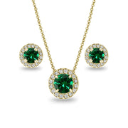 Yellow Gold Flashed Sterling Silver Simulated Emerald Round Halo Necklace & Stud Earrings Set with CZ Accents
