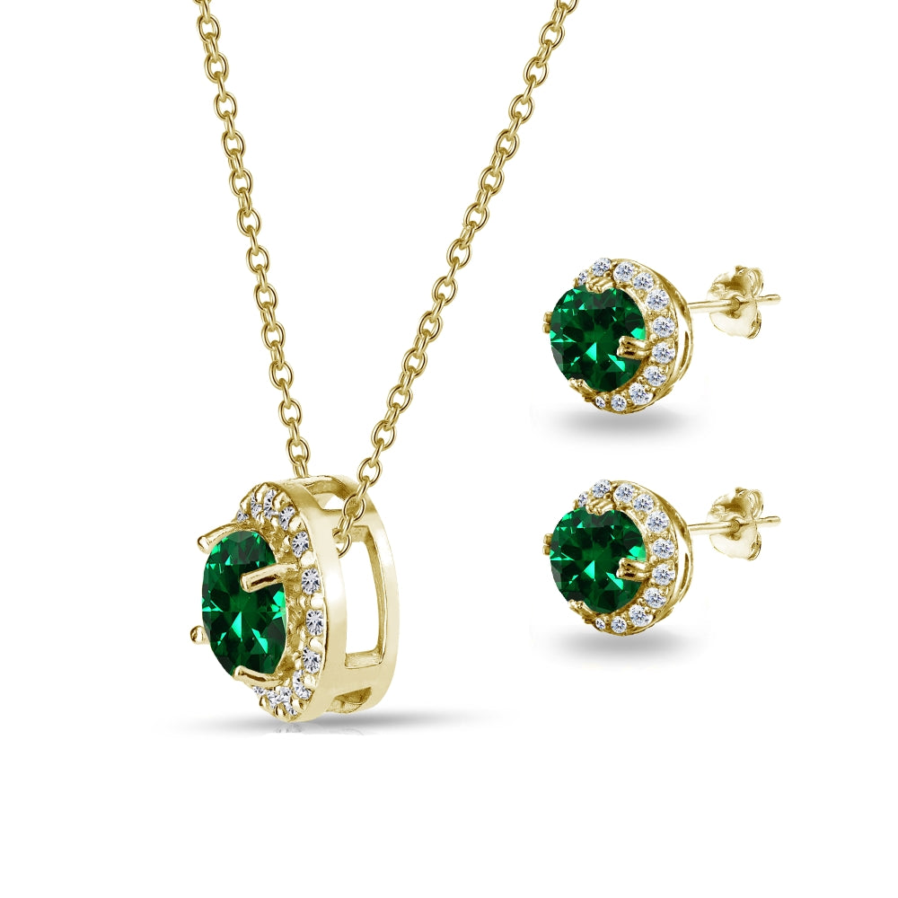 Yellow Gold Flashed Sterling Silver Simulated Emerald Round Halo Necklace & Stud Earrings Set with CZ Accents-2