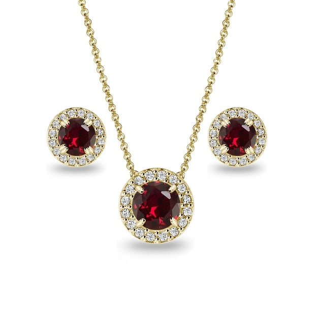 Yellow Gold Flashed Sterling Silver Created Ruby Round Halo Necklace & Stud Earrings Set with CZ Accents
