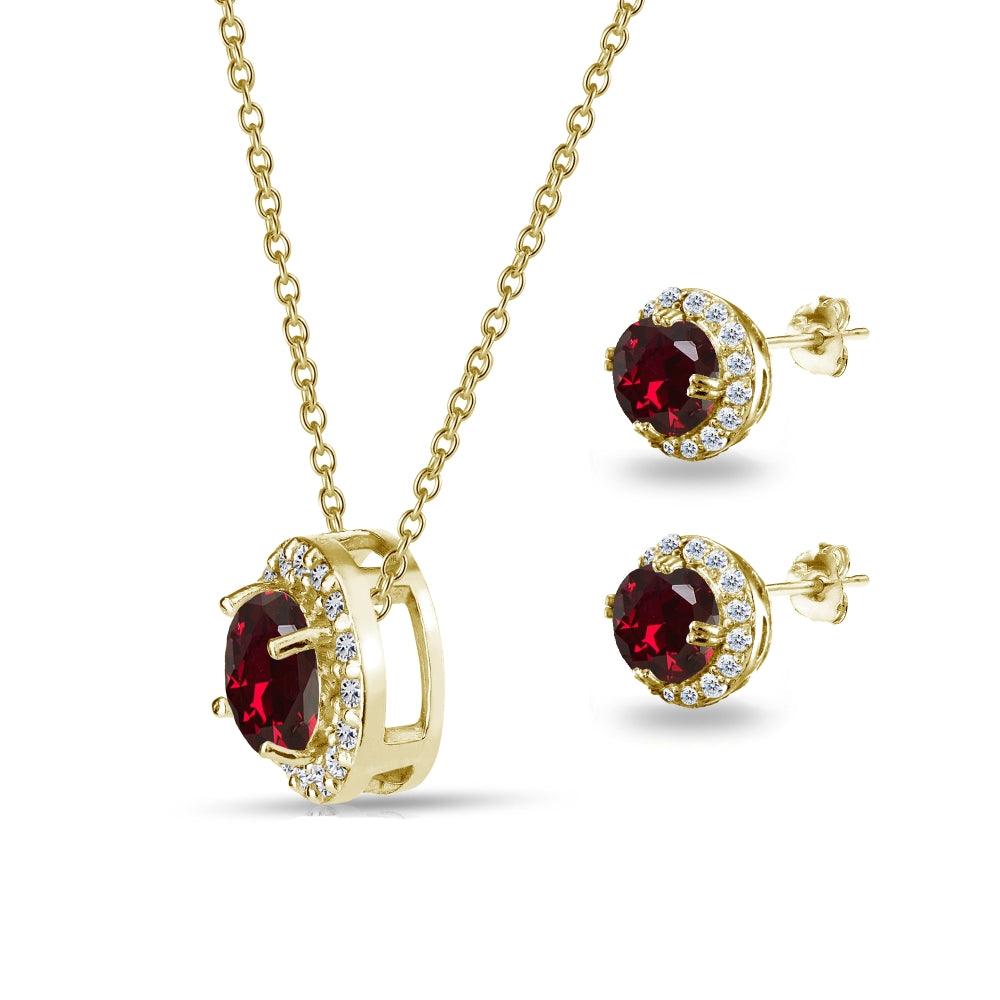 Yellow Gold Flashed Sterling Silver Created Ruby Round Halo Necklace & Stud Earrings Set with CZ Accents-2