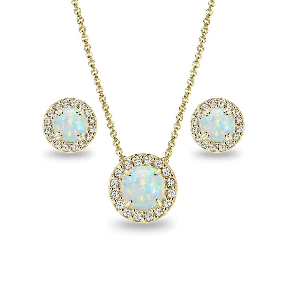 Yellow Gold Flashed Sterling Silver Created Opal Round Halo Necklace & Stud Earrings Set with CZ Accents