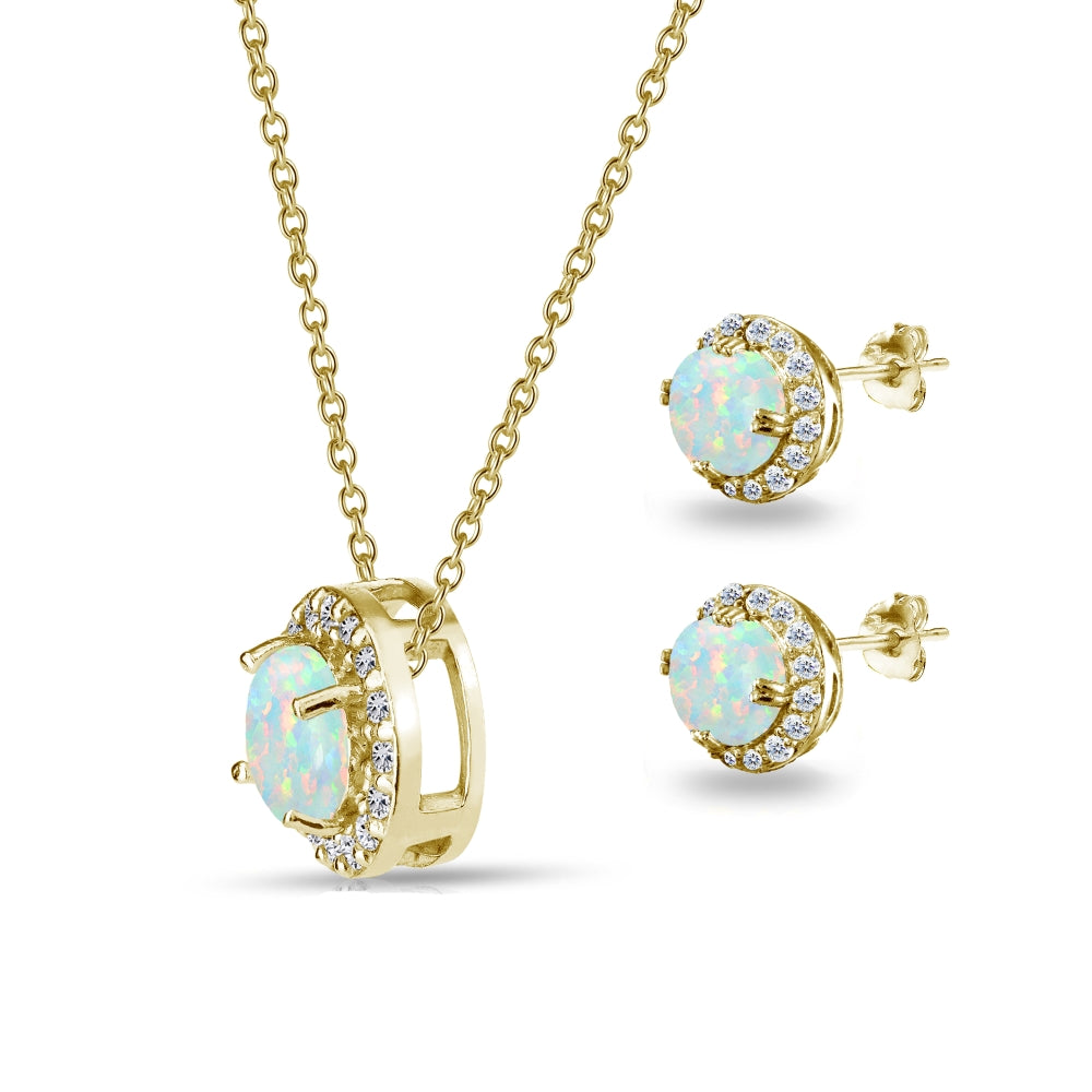 Yellow Gold Flashed Sterling Silver Created Opal Round Halo Necklace & Stud Earrings Set with CZ Accents-2