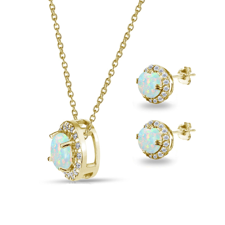 Yellow Gold Flashed Sterling Silver Created Opal Round Halo Necklace & Stud Earrings Set with CZ Accents