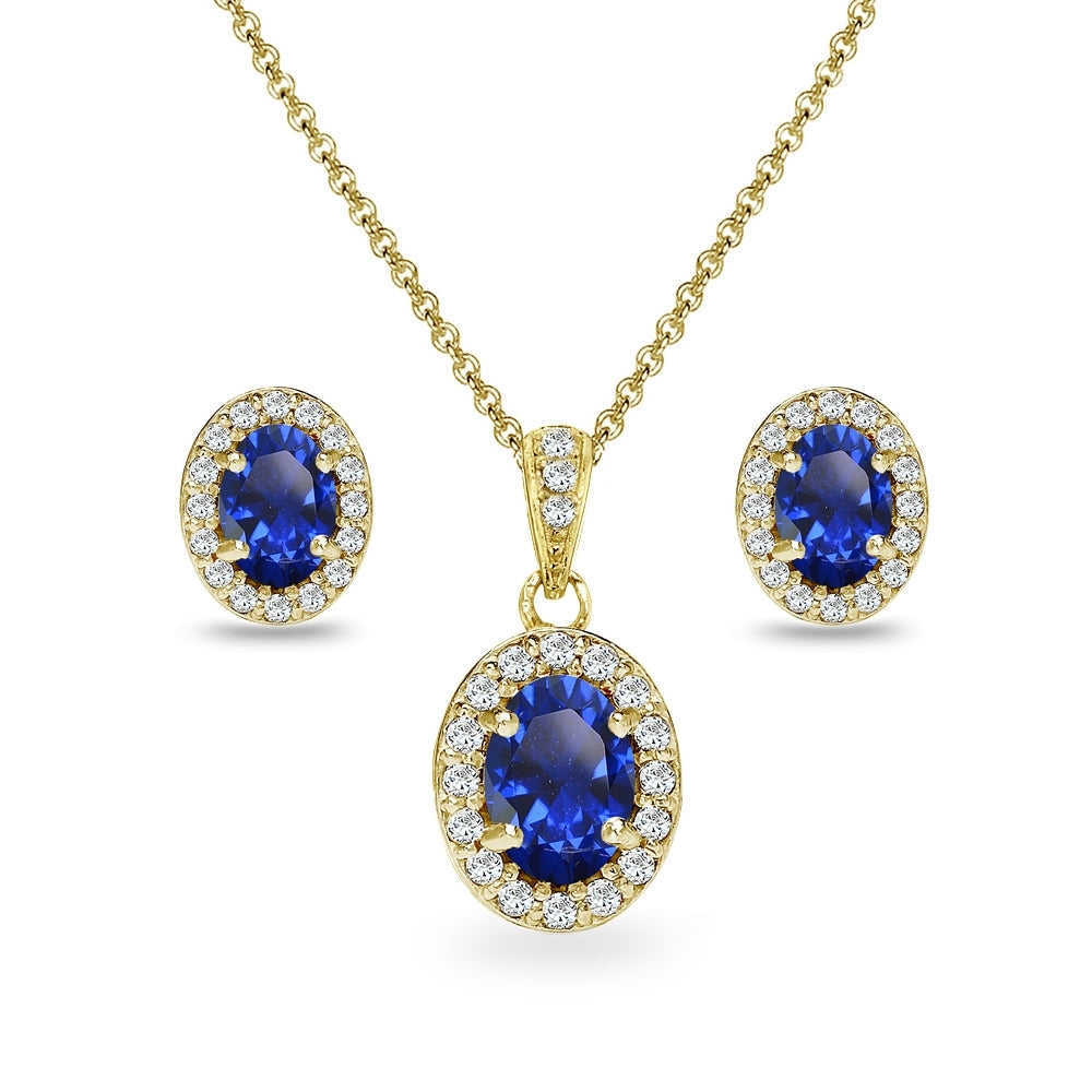 Yellow Gold Flashed Sterling Silver Created Blue Sapphire & CZ Oval Halo Necklace & Stud Earrings Set with CZ Accents