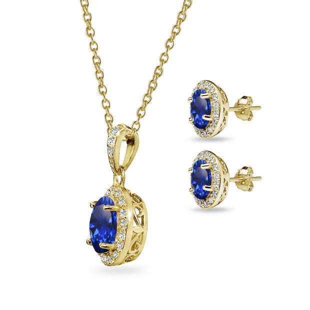 Yellow Gold Flashed Sterling Silver Created Blue Sapphire & CZ Oval Halo Necklace & Stud Earrings Set with CZ Accents