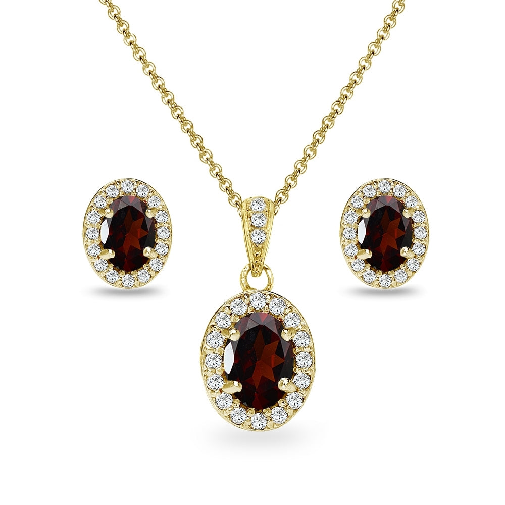 Yellow Gold Flashed Sterling Silver Garnet & CZ Oval Halo Necklace & Stud Earrings Set with CZ Accents