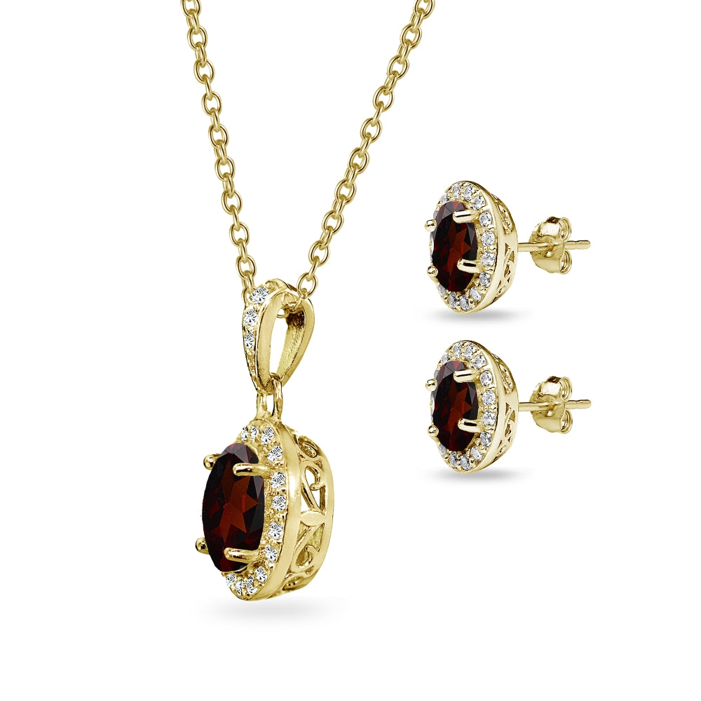 Yellow Gold Flashed Sterling Silver Garnet & CZ Oval Halo Necklace & Stud Earrings Set with CZ Accents-2