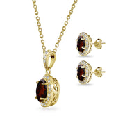 Yellow Gold Flashed Sterling Silver Garnet & CZ Oval Halo Necklace & Stud Earrings Set with CZ Accents