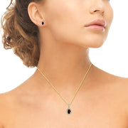 Yellow Gold Flashed Sterling Silver Garnet & CZ Oval Halo Necklace & Stud Earrings Set with CZ Accents