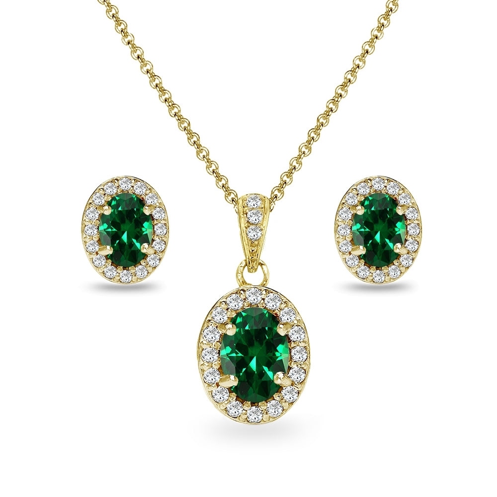 Yellow Gold Flashed Sterling Silver Simulated Emerald & CZ Oval Halo Necklace & Stud Earrings Set with CZ Accents