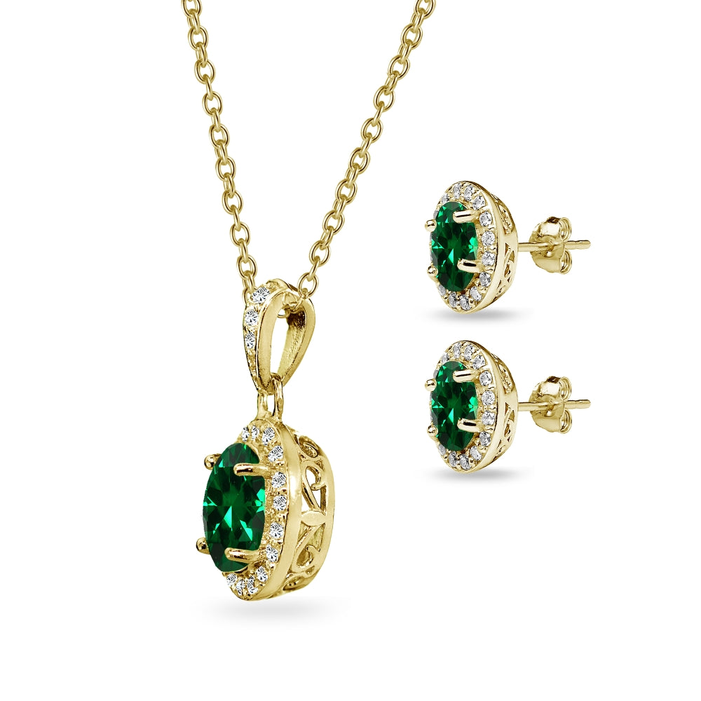 Yellow Gold Flashed Sterling Silver Simulated Emerald & CZ Oval Halo Necklace & Stud Earrings Set with CZ Accents-2