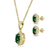 Yellow Gold Flashed Sterling Silver Simulated Emerald & CZ Oval Halo Necklace & Stud Earrings Set with CZ Accents