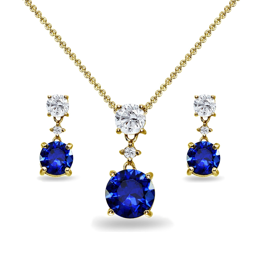 Yellow Gold Flashed Sterling Silver Created Blue Sapphire & White Topaz Round Three Stone Dangling Necklace & Stud Earrings Set