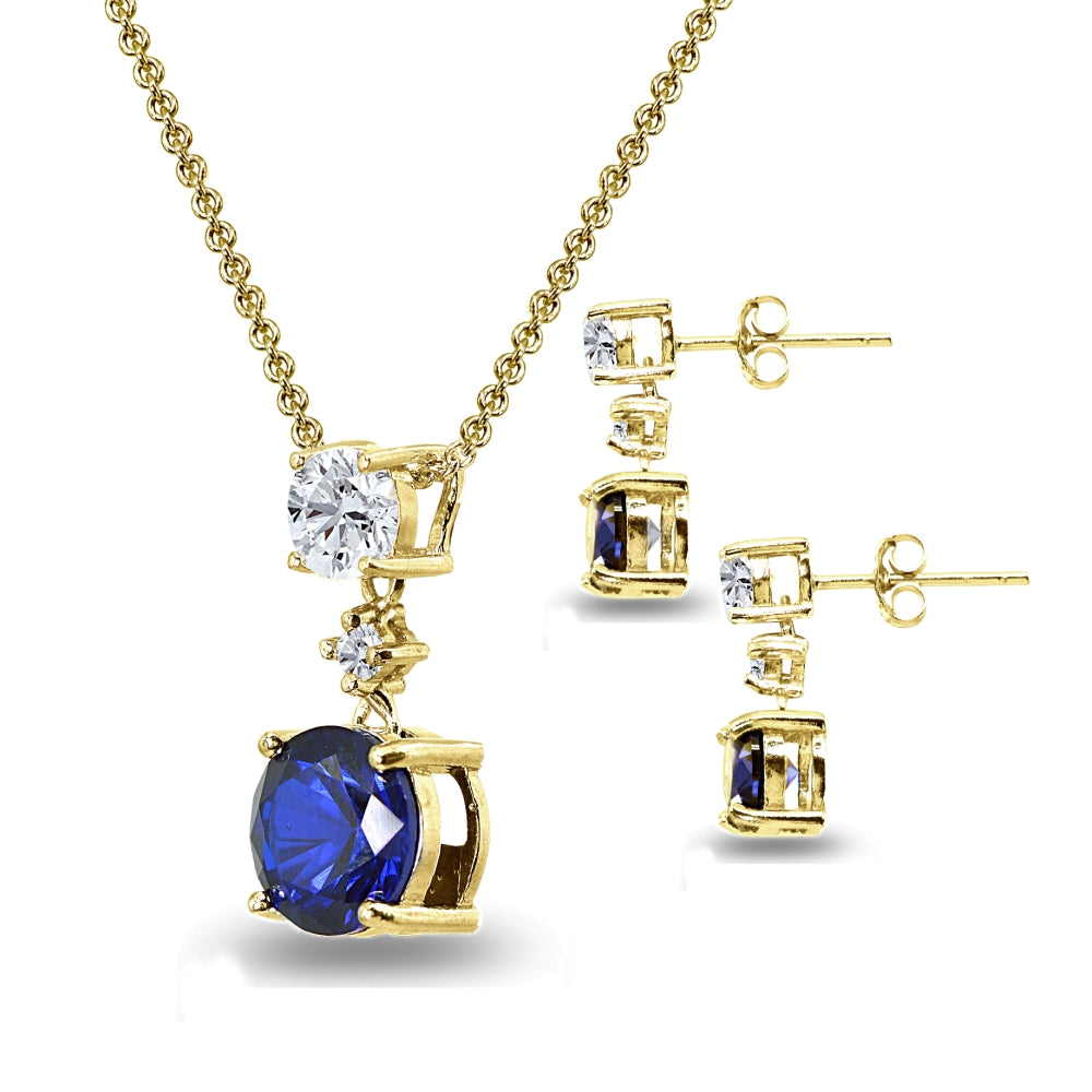 Yellow Gold Flashed Sterling Silver Created Blue Sapphire & White Topaz Round Three Stone Dangling Necklace & Stud Earrings Set-2