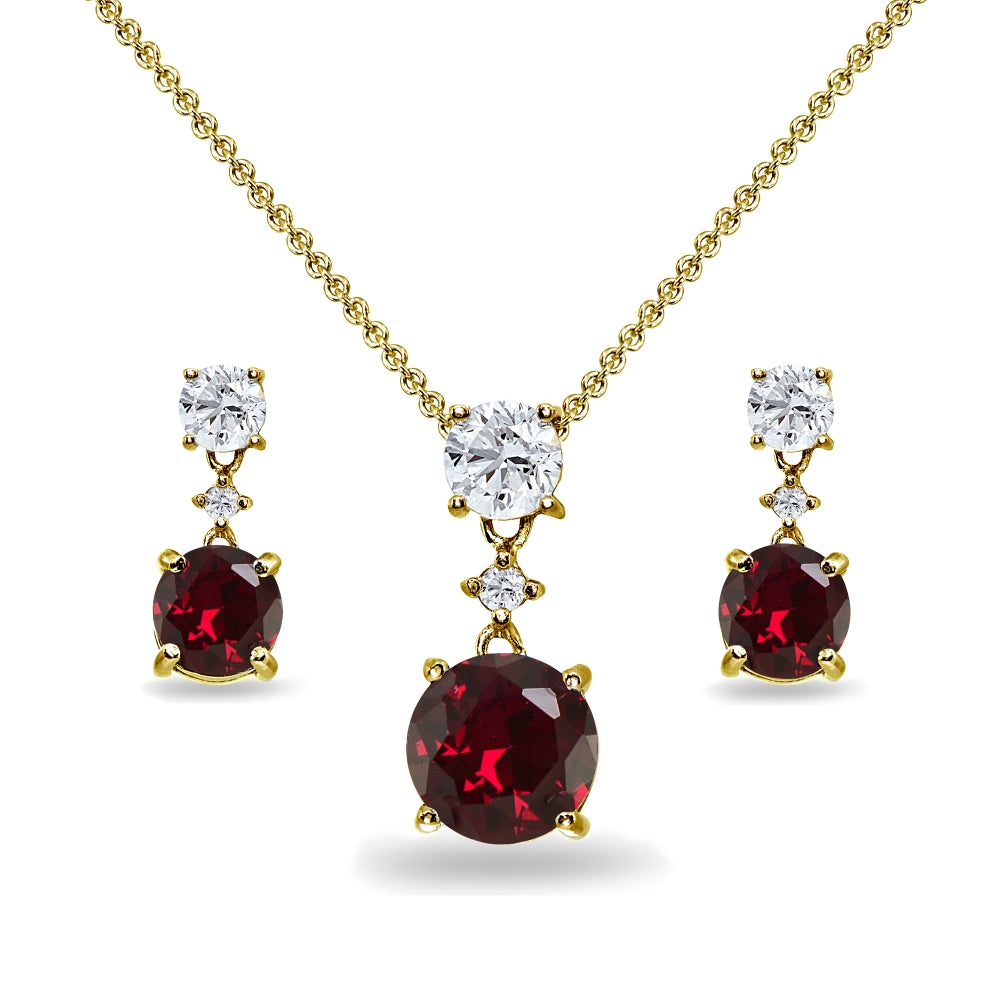 Yellow Gold Flashed Sterling Silver Created Ruby & White Topaz Round Three Stone Dangling Necklace & Stud Earrings Set