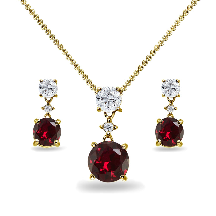 Yellow Gold Flashed Sterling Silver Created Ruby & White Topaz Round Three Stone Dangling Necklace & Stud Earrings Set