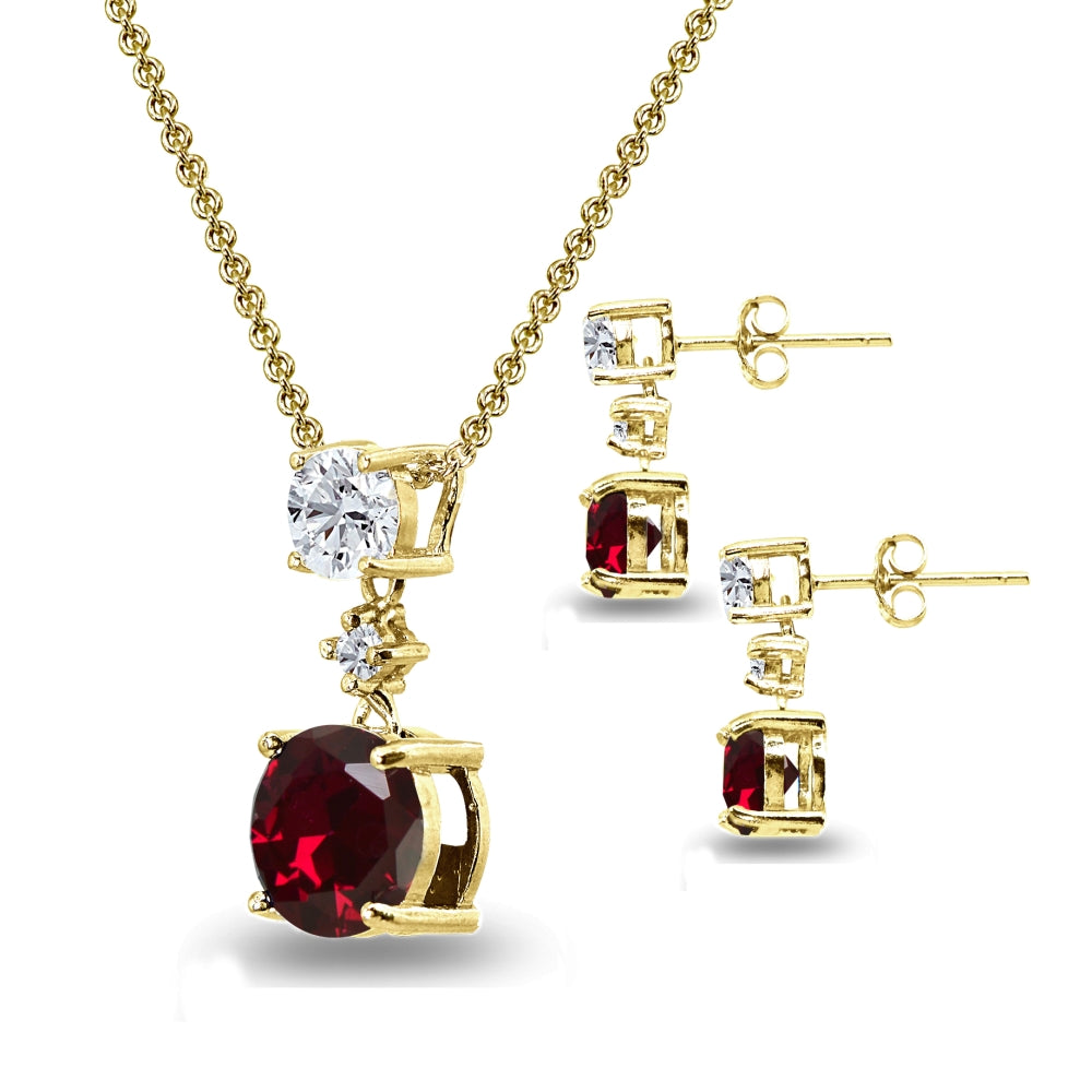 Yellow Gold Flashed Sterling Silver Created Ruby & White Topaz Round Three Stone Dangling Necklace & Stud Earrings Set-2