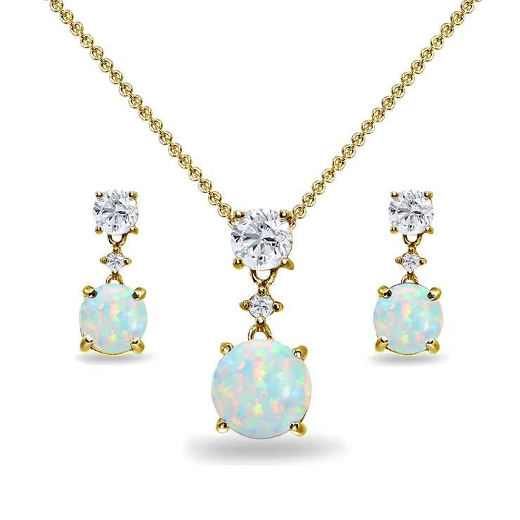 Yellow Gold Flashed Sterling Silver Created White Opal & Topaz Round Three Stone Dangling Necklace & Stud Earrings Set
