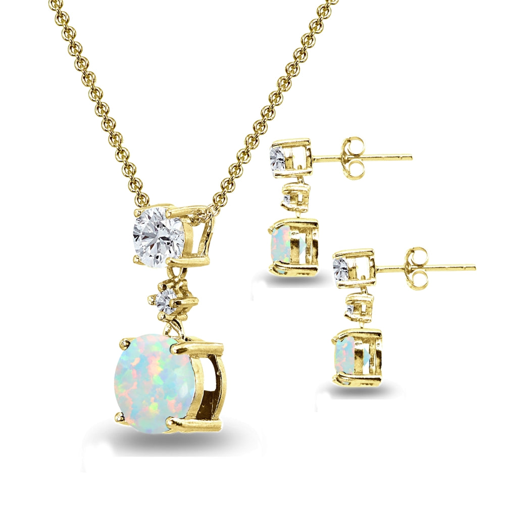 Yellow Gold Flashed Sterling Silver Created White Opal & Topaz Round Three Stone Dangling Necklace & Stud Earrings Set-2