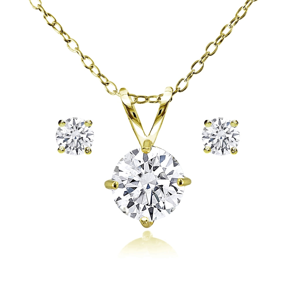 Gold Flash Sterling Silver AAA Cubic Zirconia Round Solitaire Necklace & Stud Earrings Set