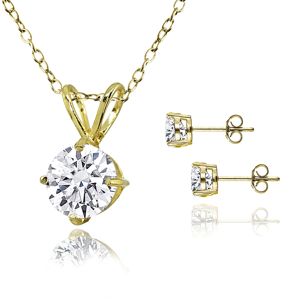 Gold Flash Sterling Silver AAA Cubic Zirconia Round Solitaire Necklace & Stud Earrings Set-2