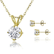 Gold Flash Sterling Silver AAA Cubic Zirconia Round Solitaire Necklace & Stud Earrings Set