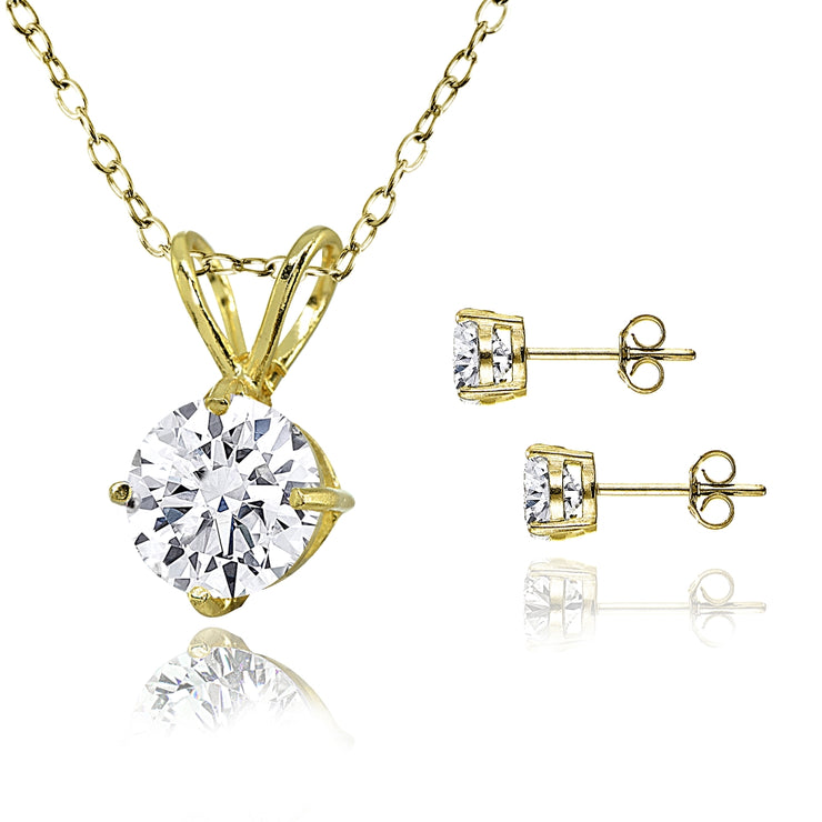 Gold Flash Sterling Silver AAA Cubic Zirconia Round Solitaire Necklace & Stud Earrings Set