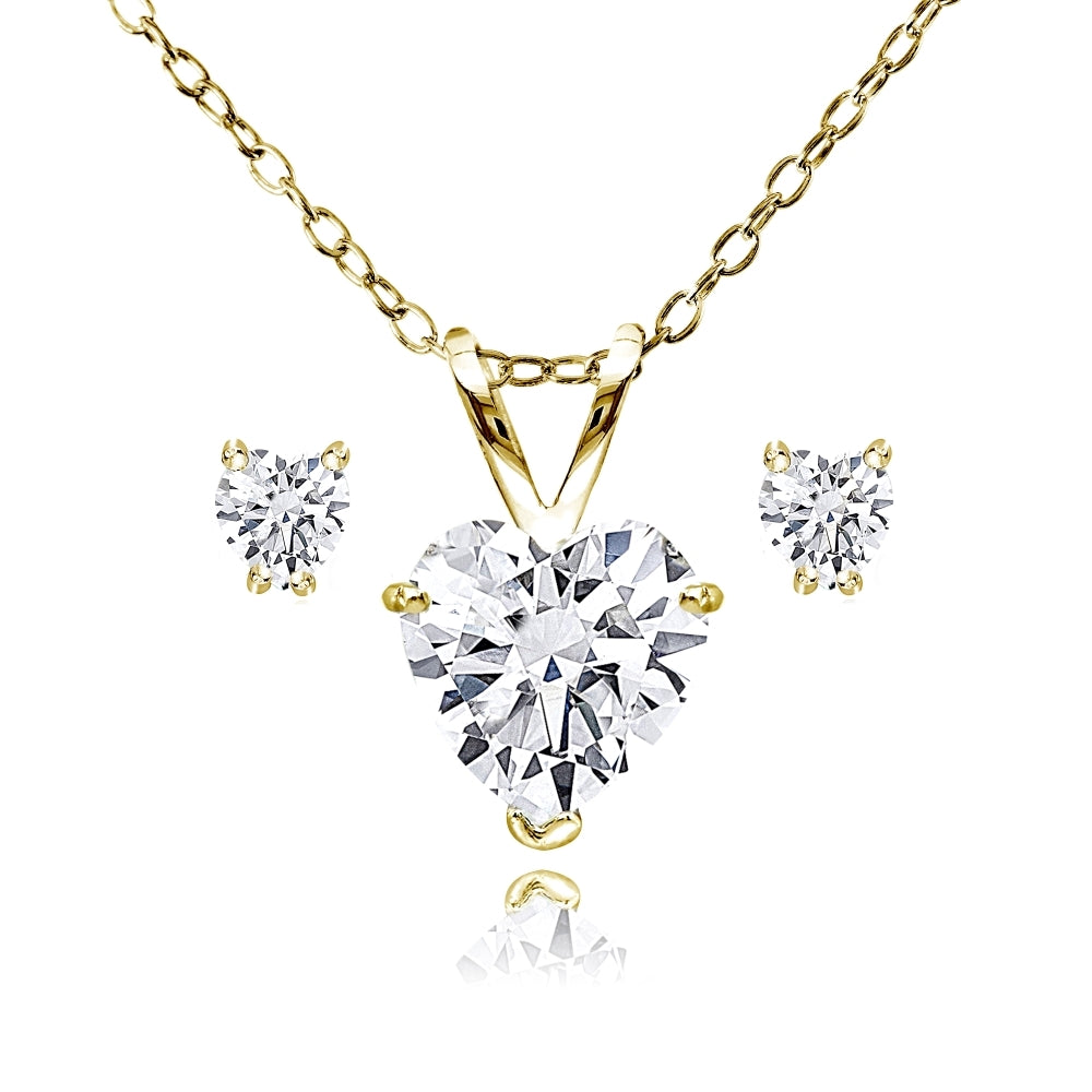 Gold Flash Sterling Silver AAA Cubic Zirconia Heart Solitaire Necklace & Stud Earrings Set