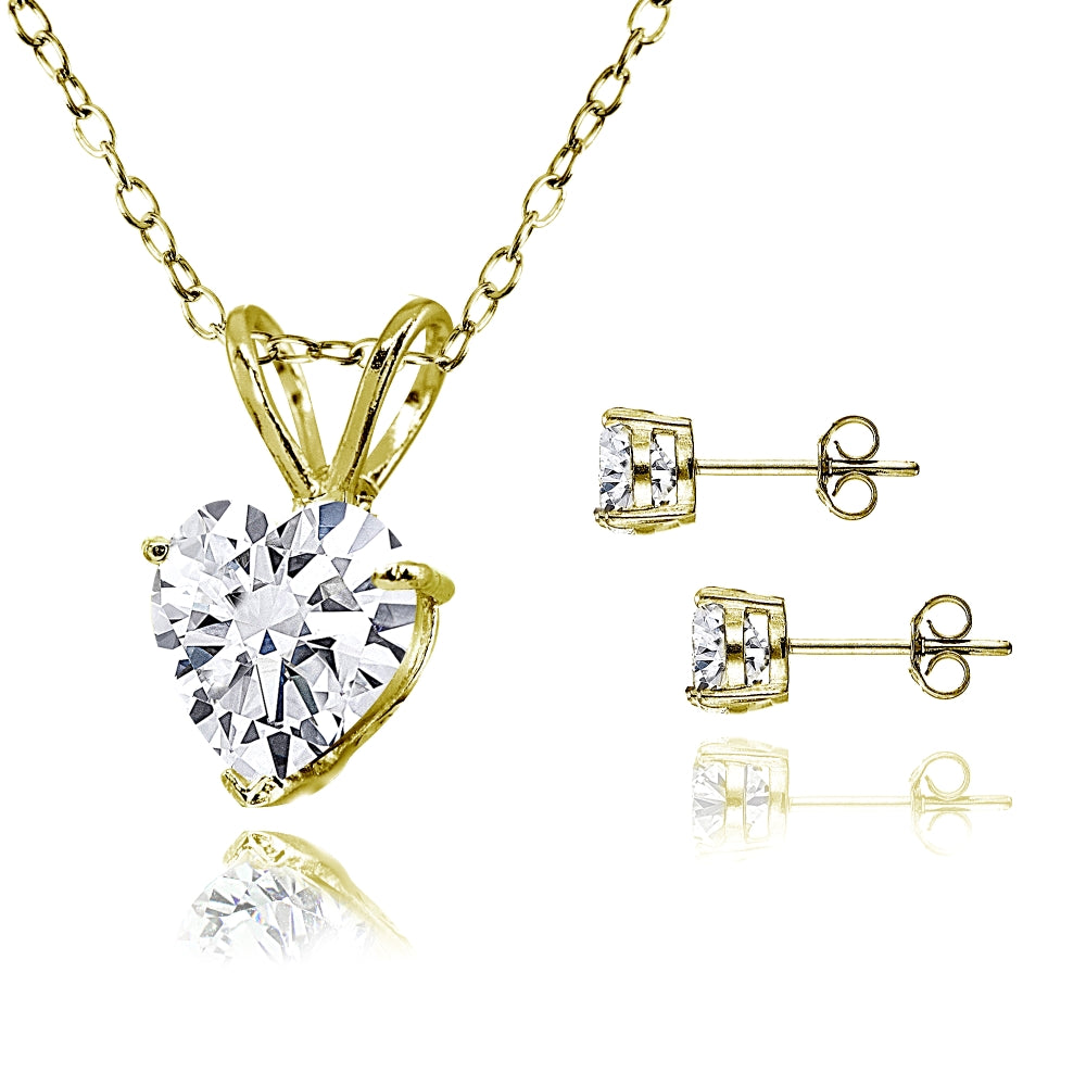 Gold Flash Sterling Silver AAA Cubic Zirconia Heart Solitaire Necklace & Stud Earrings Set-2