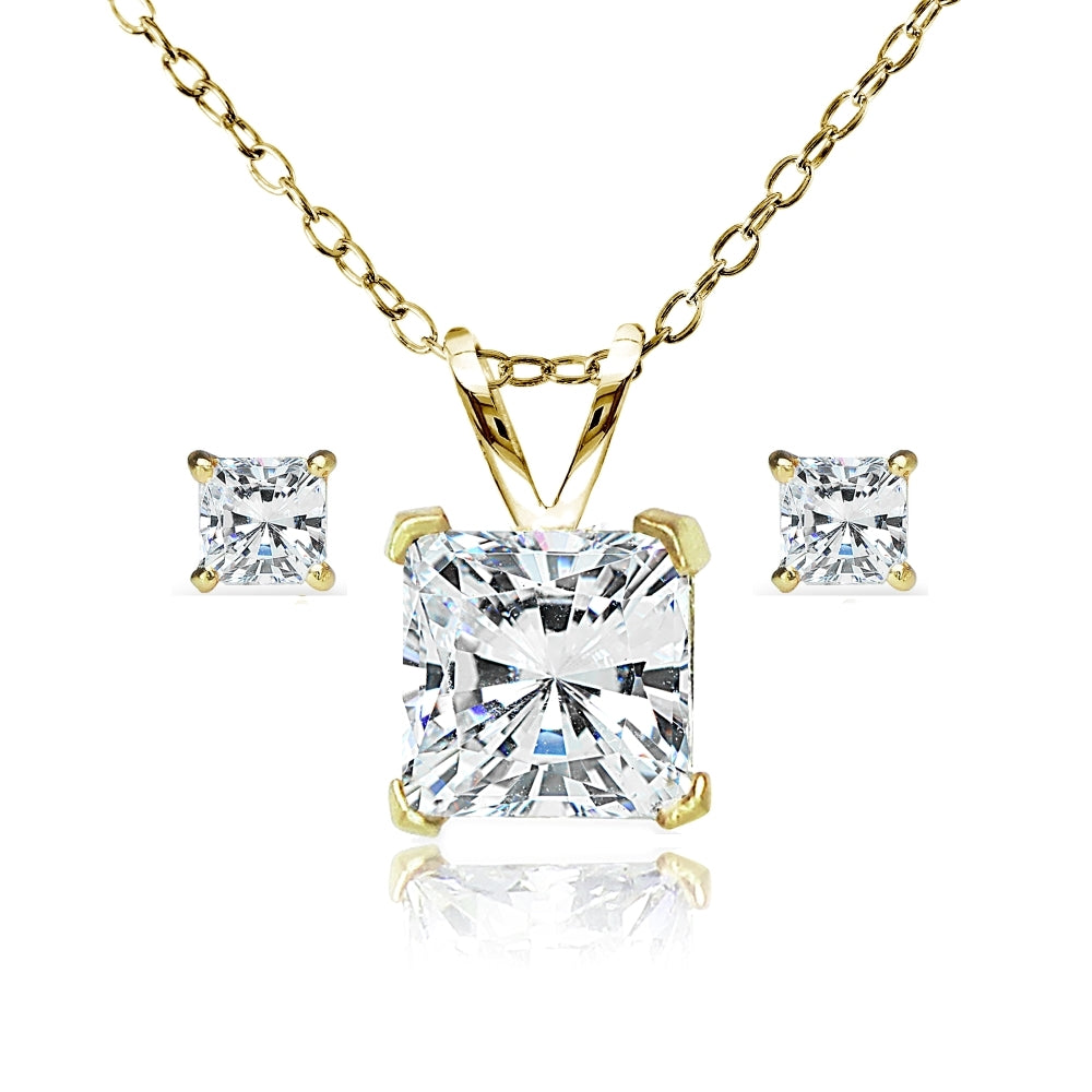 Gold Flash Sterling Silver AAA Cubic Zirconia Princess-cut Solitaire Necklace & Stud Earrings Set