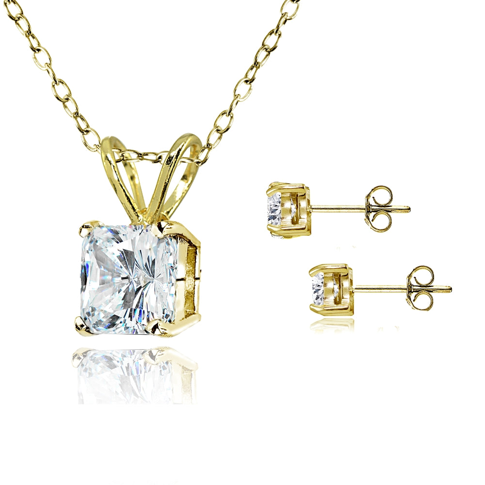 Gold Flash Sterling Silver AAA Cubic Zirconia Princess-cut Solitaire Necklace & Stud Earrings Set-2