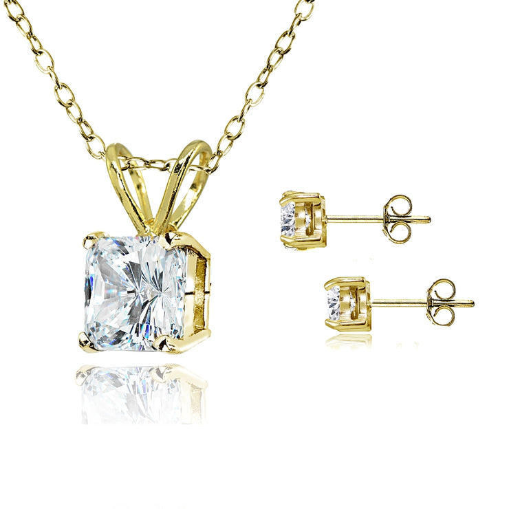 Gold Flash Sterling Silver AAA Cubic Zirconia Princess-cut Solitaire Necklace & Stud Earrings Set