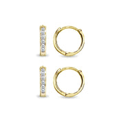 2 Pair Set Gold Flash Sterling Silver Tiny Small 13mm Channel-set Cubic Zirconia Round Huggie Hoop Earrings