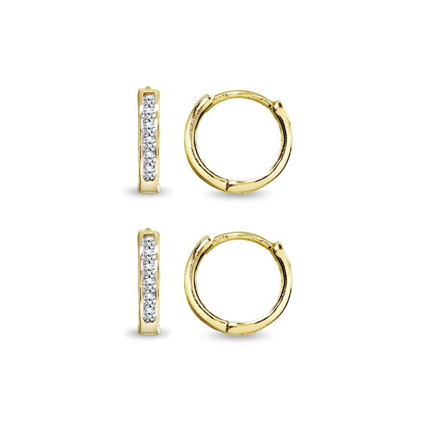 2 Pair Set Gold Flash Sterling Silver Tiny Small 13mm Channel-set Cubic Zirconia Round Huggie Hoop Earrings