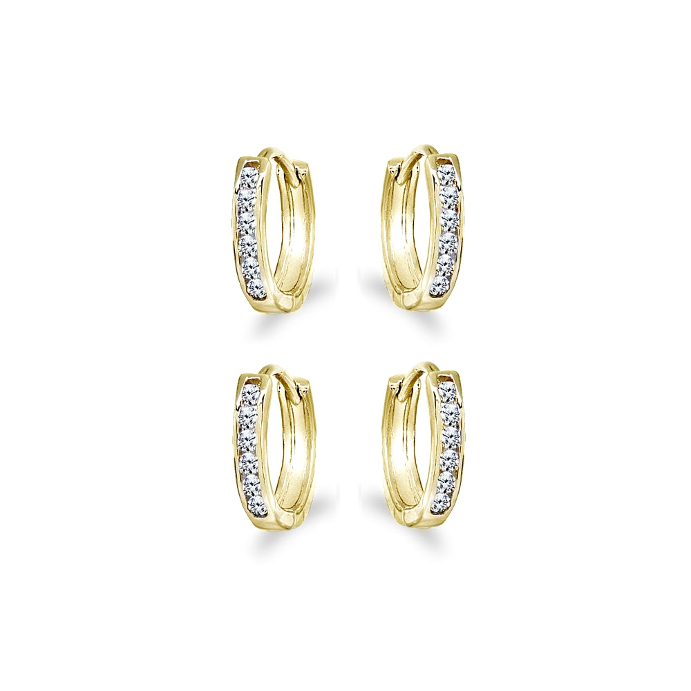 2 Pair Set Gold Flash Sterling Silver Tiny Small 13mm Channel-set Cubic Zirconia Round Huggie Hoop Earrings-2