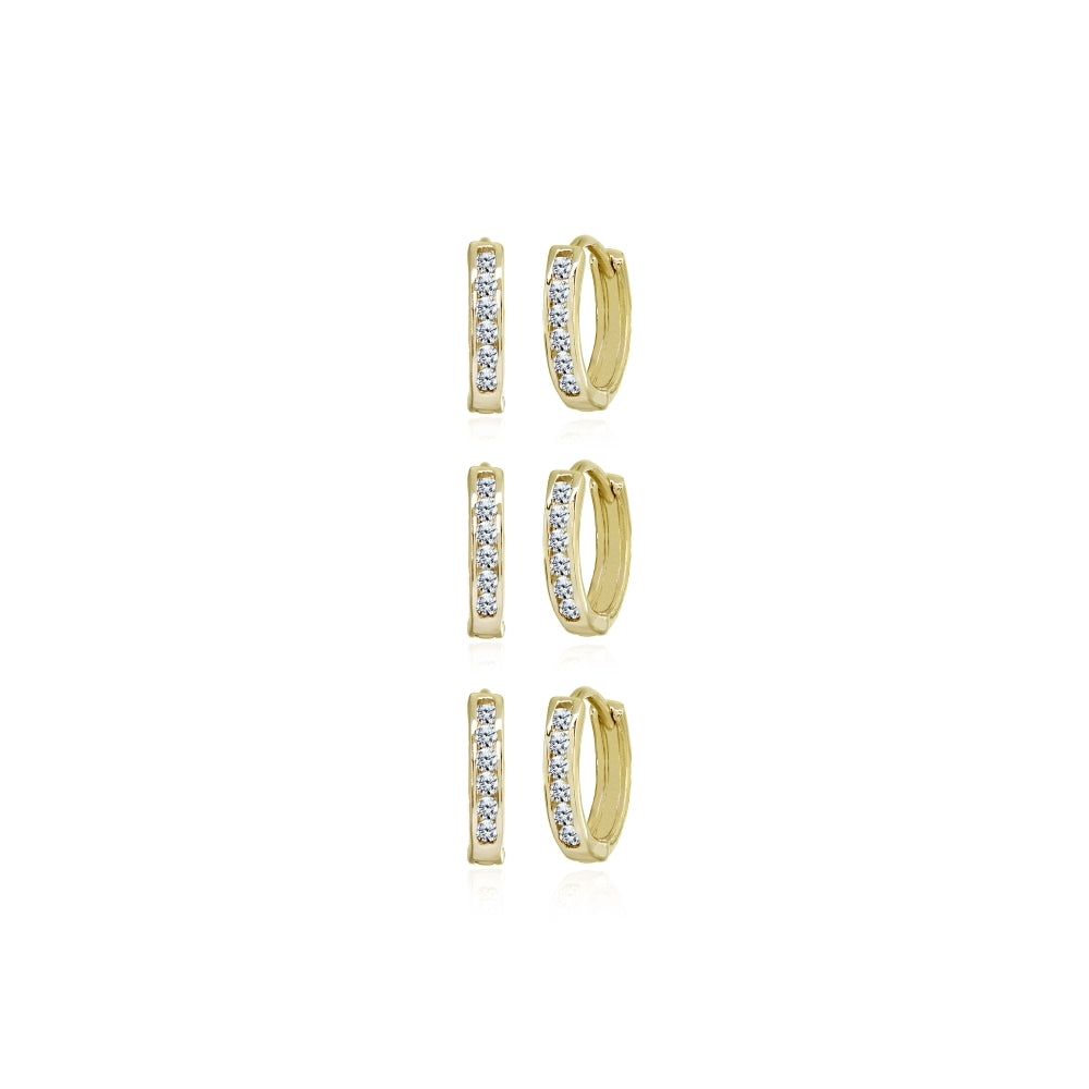 3 Pair Set Gold Flash Sterling Silver Tiny Small 13mm Channel-set Cubic Zirconia Round Huggie Hoop Earrings