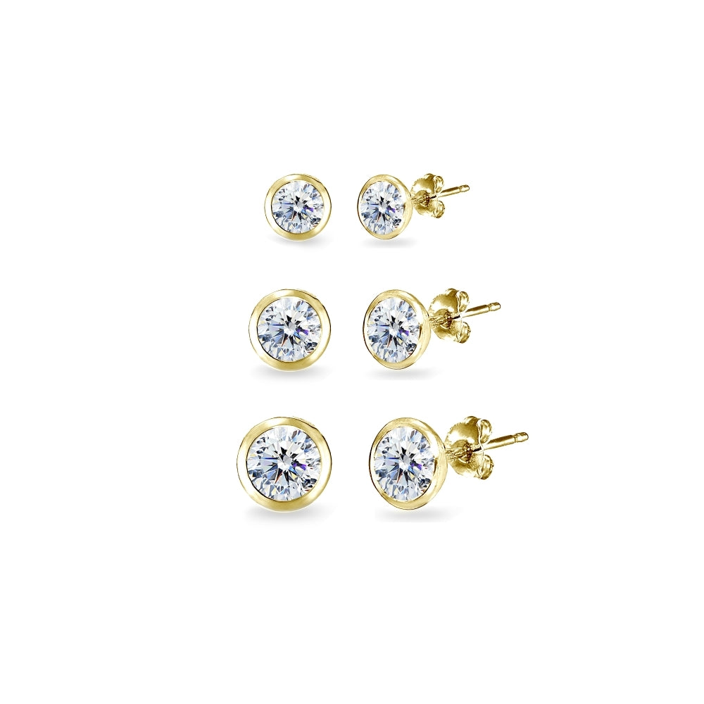 3-Pair Gold Flash Sterling Silver Cubic Zirconia Bezel Solitiarie Round Stud Earrings Set Made with Swarovski Zirconia, 4mm 5mm 6mm