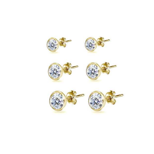 3-Pair Gold Flash Sterling Silver Cubic Zirconia Bezel Solitiarie Round Stud Earrings Set Made with Swarovski Zirconia, 4mm 5mm 6mm