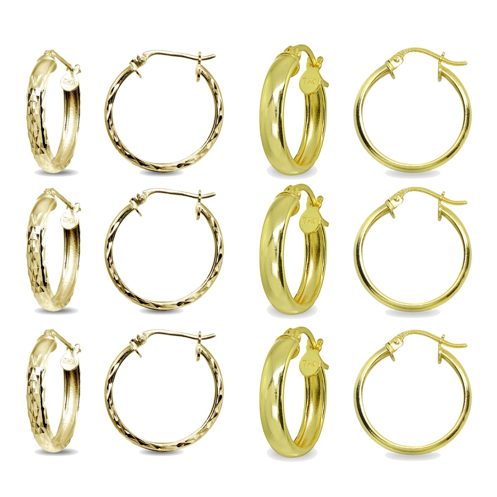 6-Pair Yellow Gold Flashed Sterling Silver 3x20mm Polished & Diamond-Cut Round Click-Top Small Hoop Earrings Set