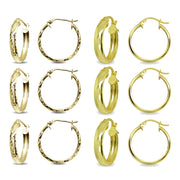 6-Pair Yellow Gold Flashed Sterling Silver 3x20mm Polished & Diamond-Cut Round Click-Top Small Hoop Earrings Set