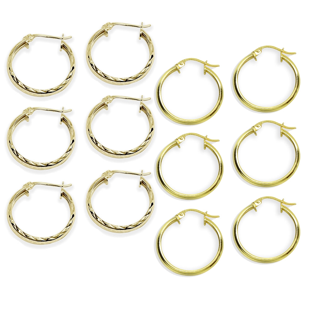 6-Pair Yellow Gold Flashed Sterling Silver 3x20mm Polished & Diamond-Cut Round Click-Top Small Hoop Earrings Set-3