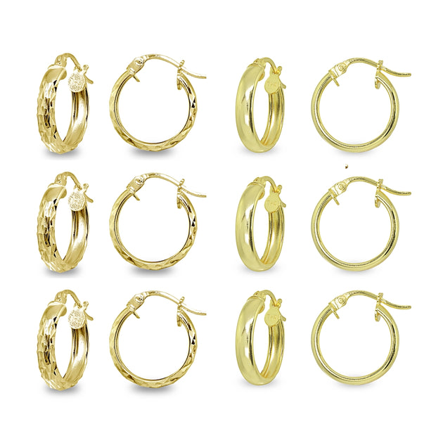 6-Pair Yellow Gold Flashed Sterling Silver 3x15mm Polished & Diamond-Cut Round Click-Top Small Hoop Earrings Set