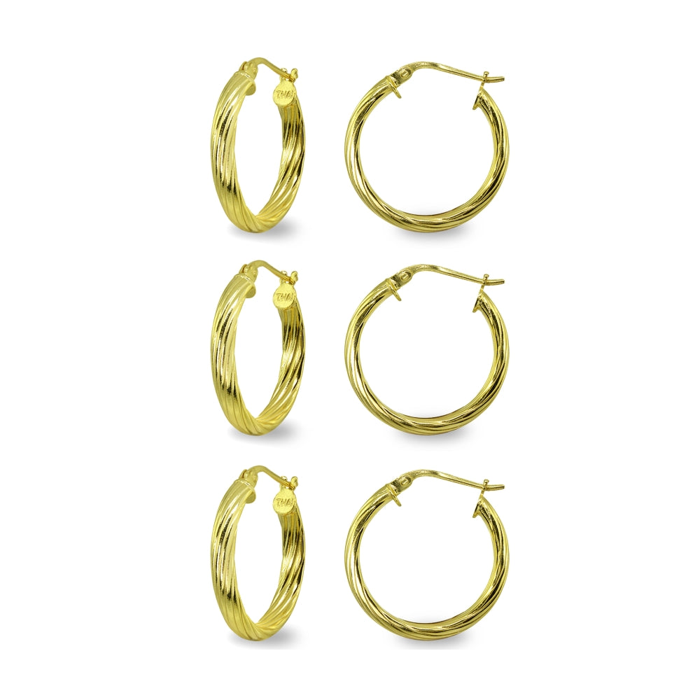 3-Pair Yellow Gold Flashed Sterling Silver Polished 3x15mm Twist Half Round Click-Top Small Hoop Earrings Set