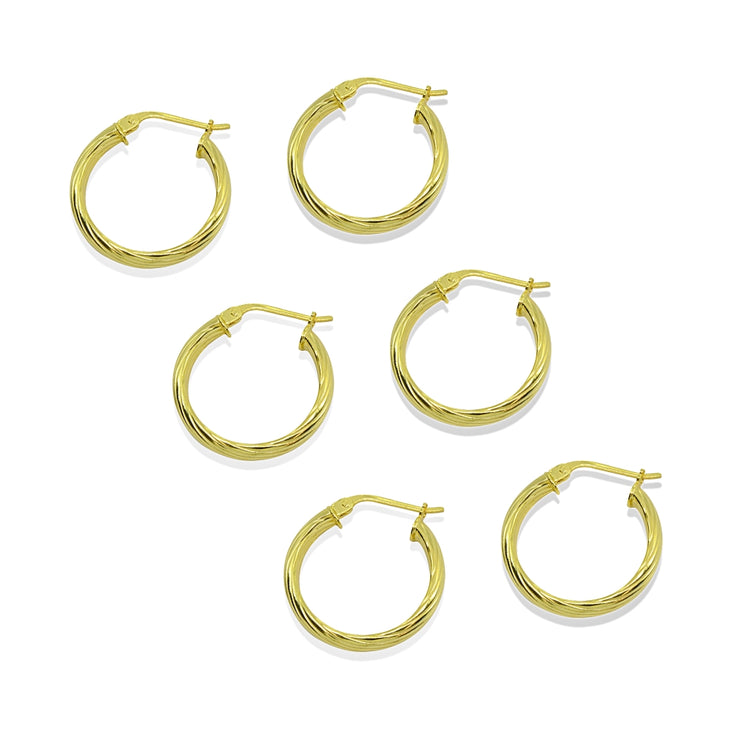 3-Pair Yellow Gold Flashed Sterling Silver Polished 3x15mm Twist Half Round Click-Top Small Hoop Earrings Set