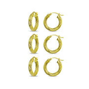 3-Pair Yellow Gold Flashed Sterling Silver Polished 3x15mm Twist Round Click-Top Small Hoop Earrings Set