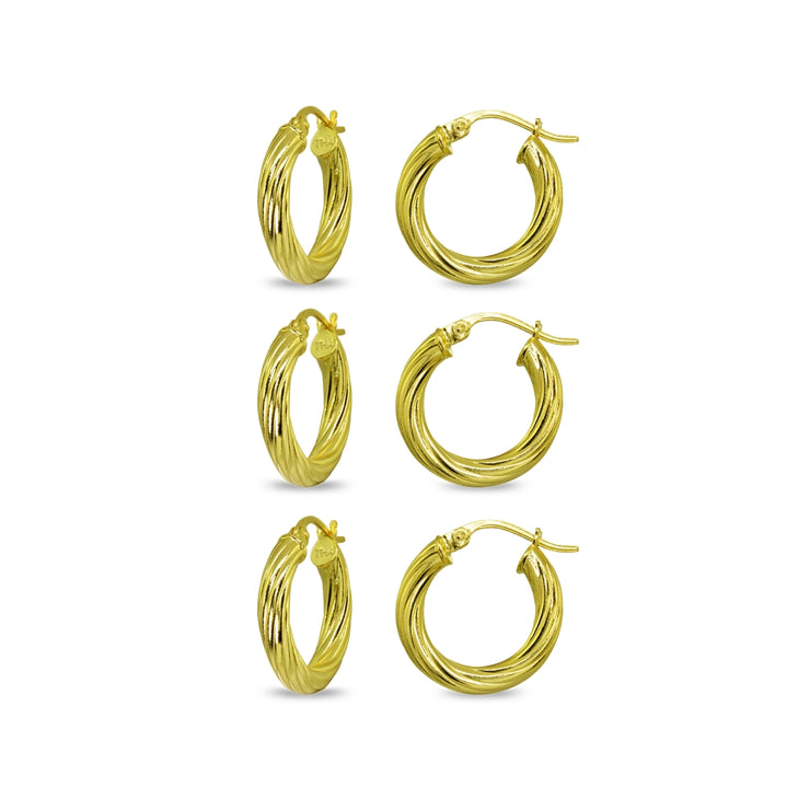 3-Pair Yellow Gold Flashed Sterling Silver Polished 3x15mm Twist Round Click-Top Small Hoop Earrings Set