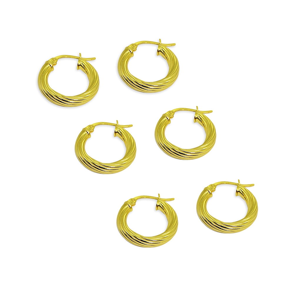 3-Pair Yellow Gold Flashed Sterling Silver Polished 3x15mm Twist Round Click-Top Small Hoop Earrings Set-2